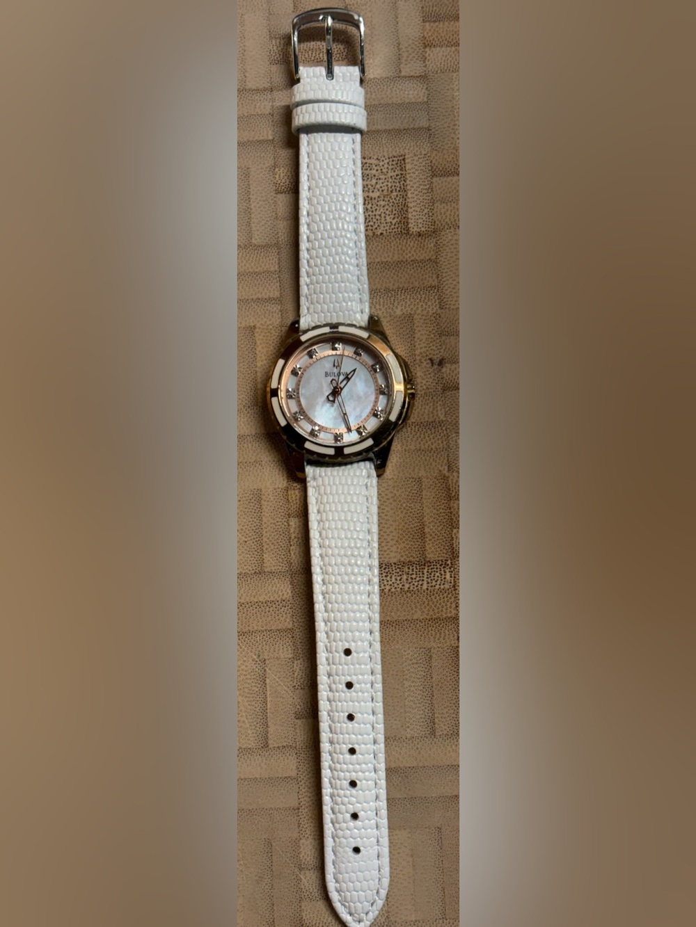 Bulova Classic Women's Rose Gold Diamond Leather Strap Watch (model 98P119).